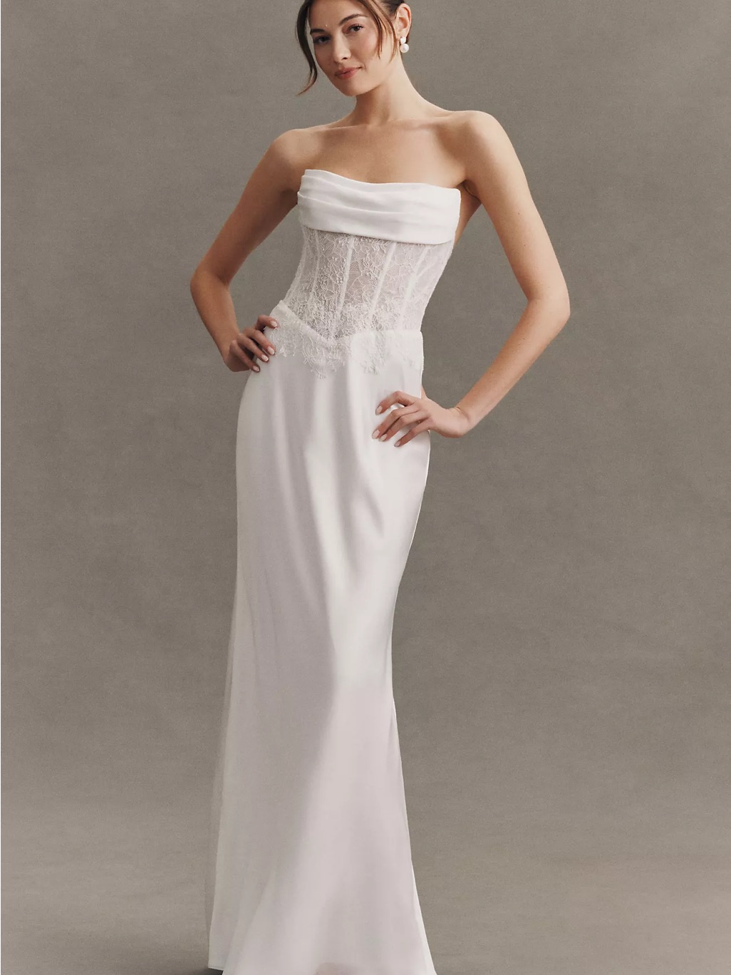Jenny Yoo Strapless White Lace Corset Column Gown